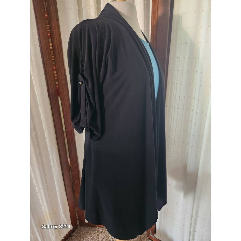 C32 Artex Fashions black rhinestone button short sleeved open front cardigan